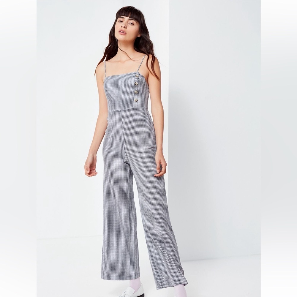 Urban Outfitters Straight-Neck Linen Button-Down Gingham Jumpsuit